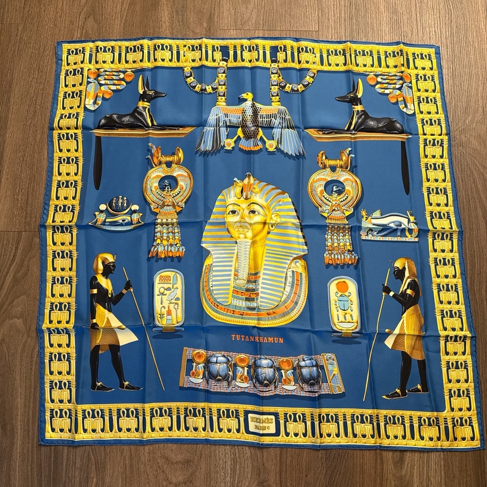 Vintage Hermes Egyptian Tutankhamun Silk-Style Scarf in Blue and Gold - Picture 2 of 9